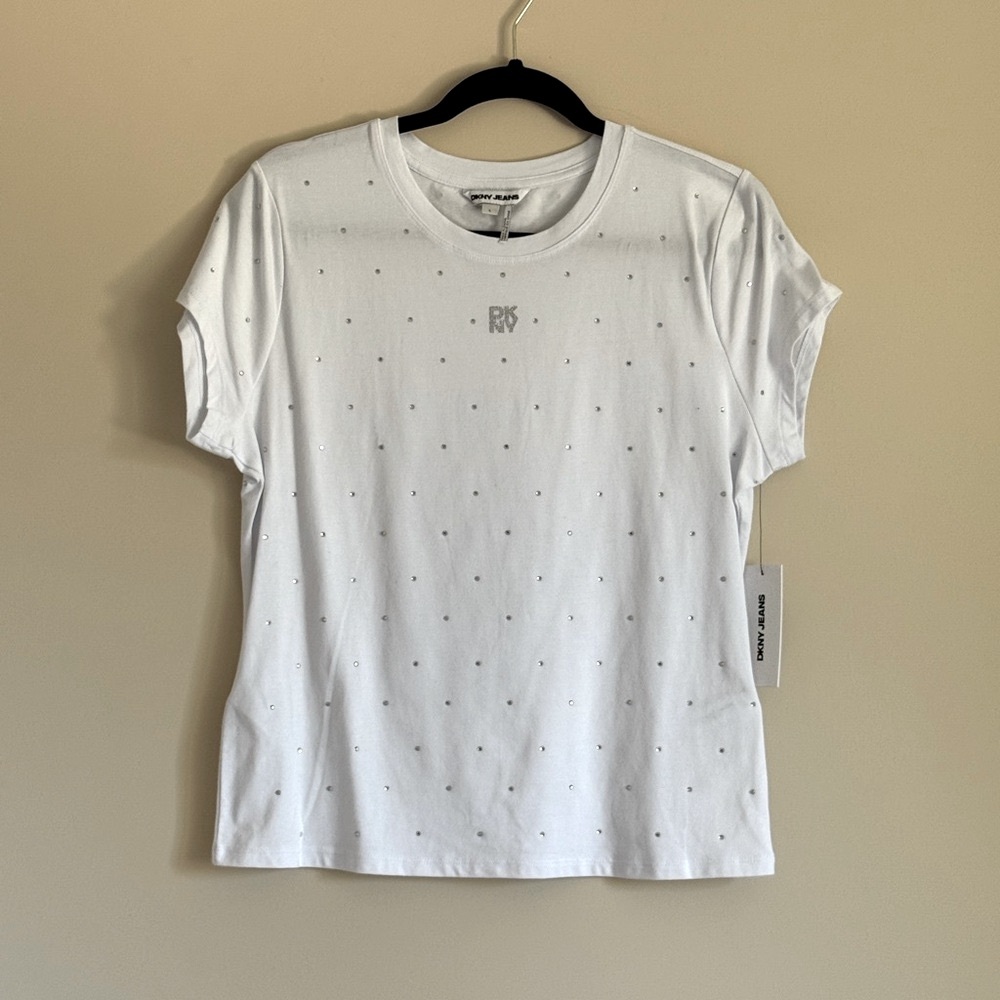 DKNY White Cotton Studded Rhinestone Short Sleeve Tee SZ.L
